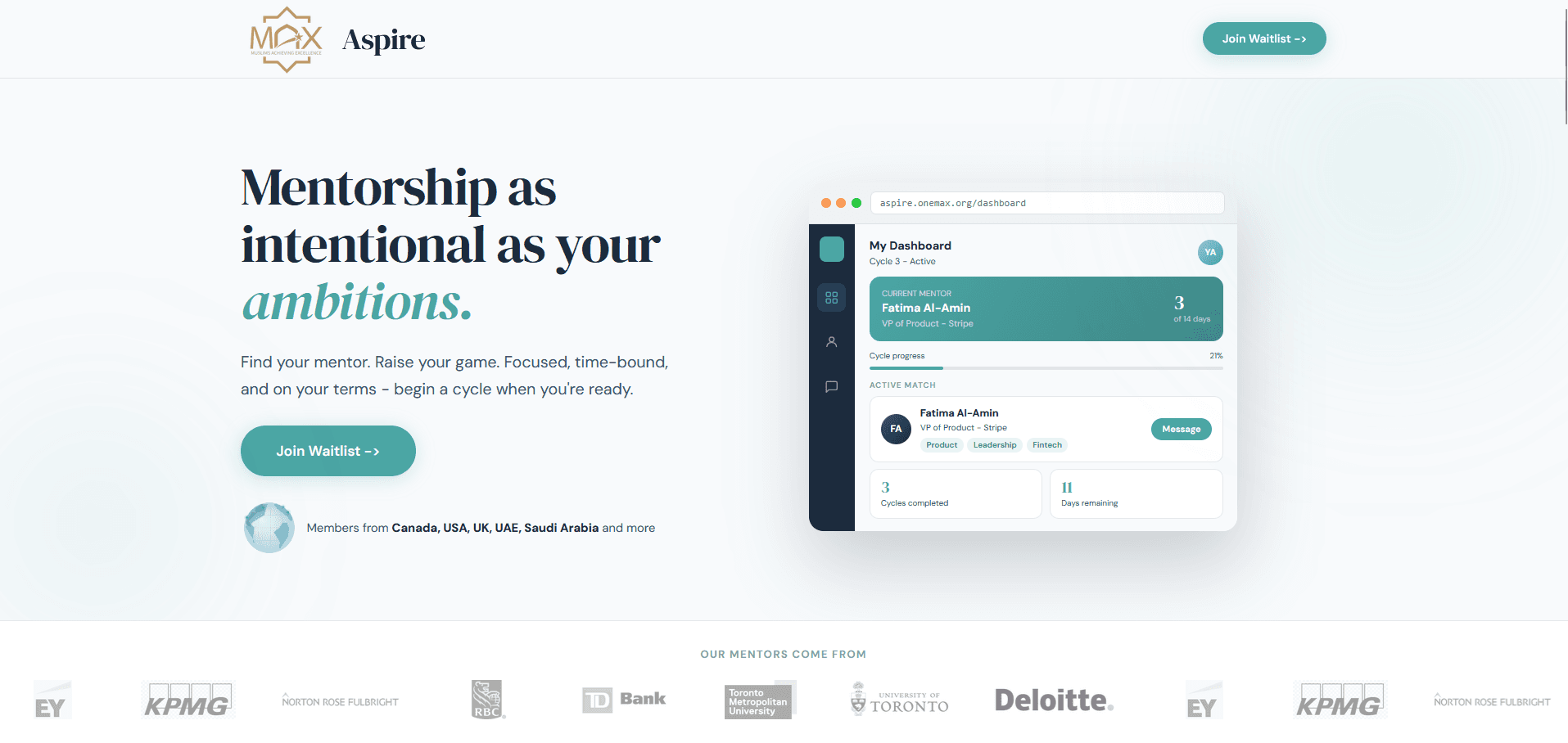 Dashboard or website mockup for MAX Aspire mentorship platform