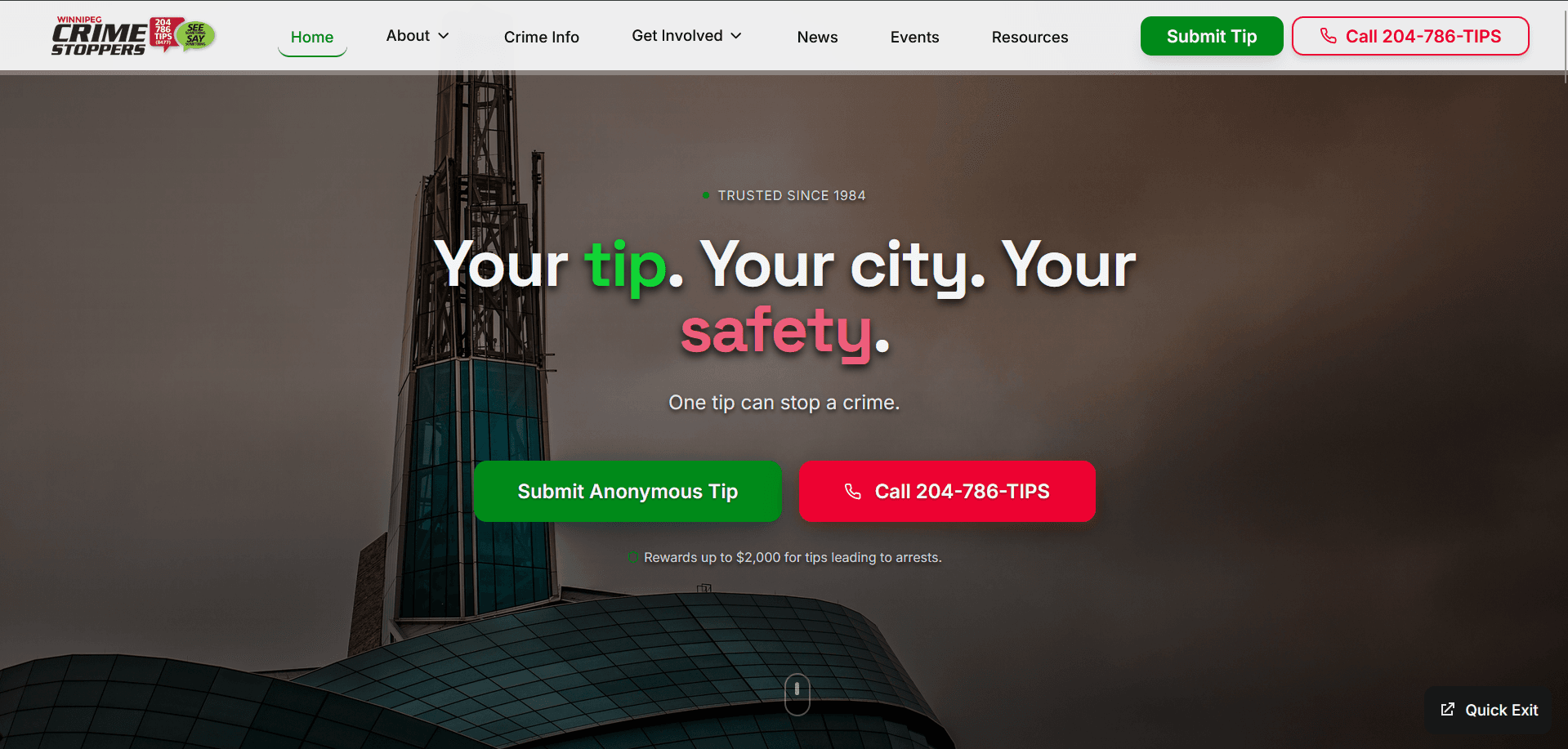 Website mockup for Winnipeg Crime Stoppers public safety website